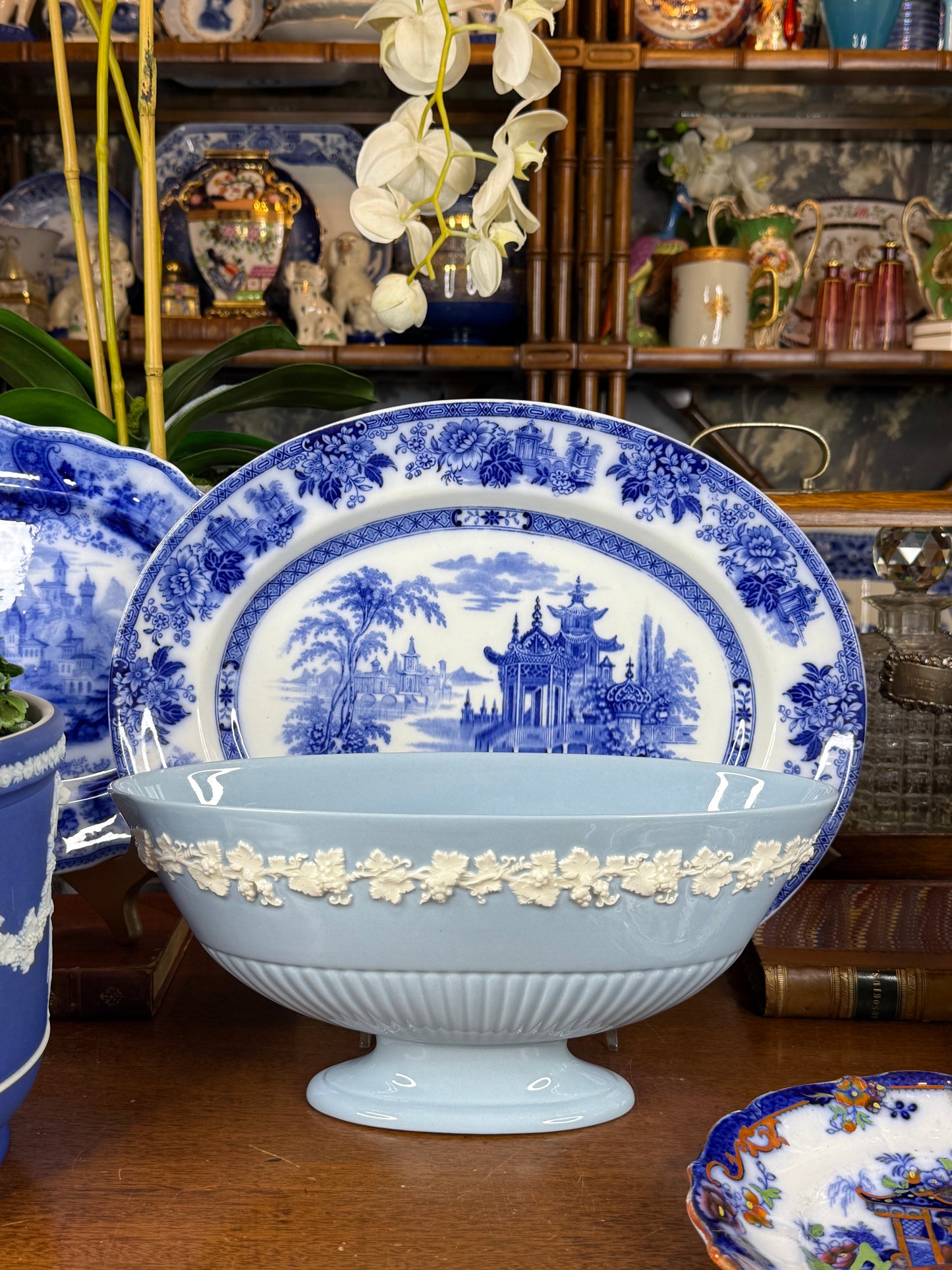 Wedgwood Embossed Queensware Ellipse Footed Bowl | Pale Blue & White | 12.5” L × 5” W × 5.75” H | #DA4581