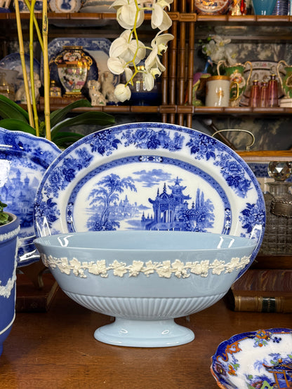 Wedgwood Embossed Queensware Ellipse Footed Bowl | Pale Blue & White | 12.5” L × 5” W × 5.75” H | #DA4581