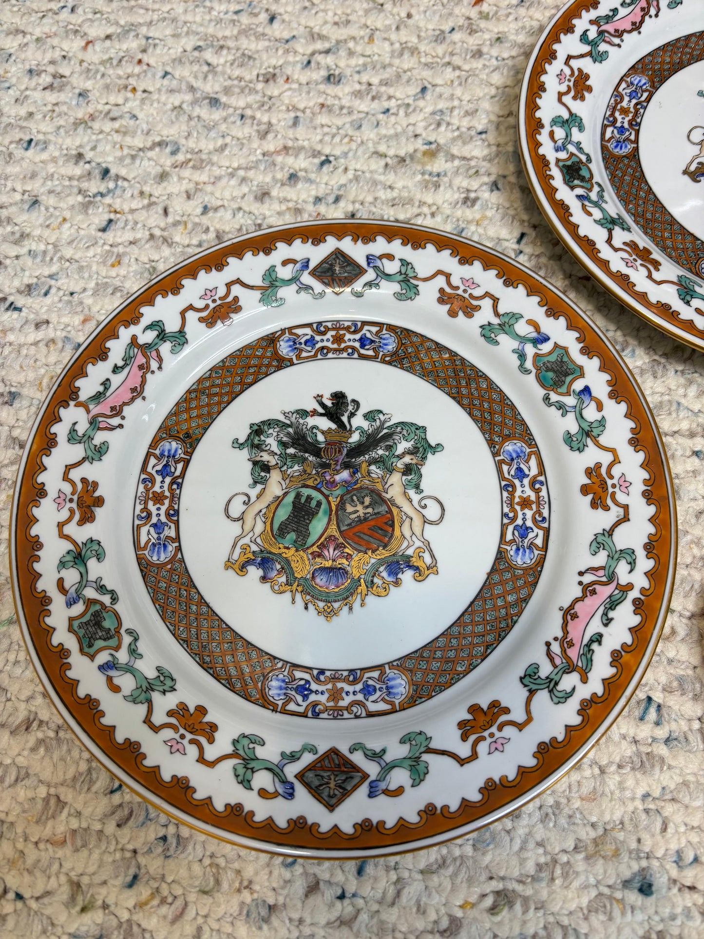 Gorgeous Armorial decorative plates pair with dogs, lions, and more and majolica plate! Instant plate wall!
