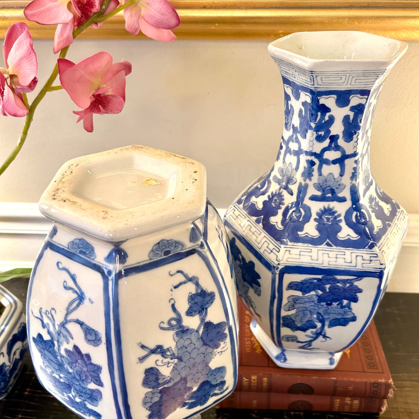 STUNNING 14” statuesque blue and white Greek key vase pair (2) Pristine!