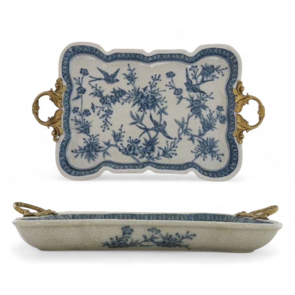 Danny’s Fine Porcelain | Blue & White Songbird Garden Tray with Bronze Handles – 15” x 8.5”