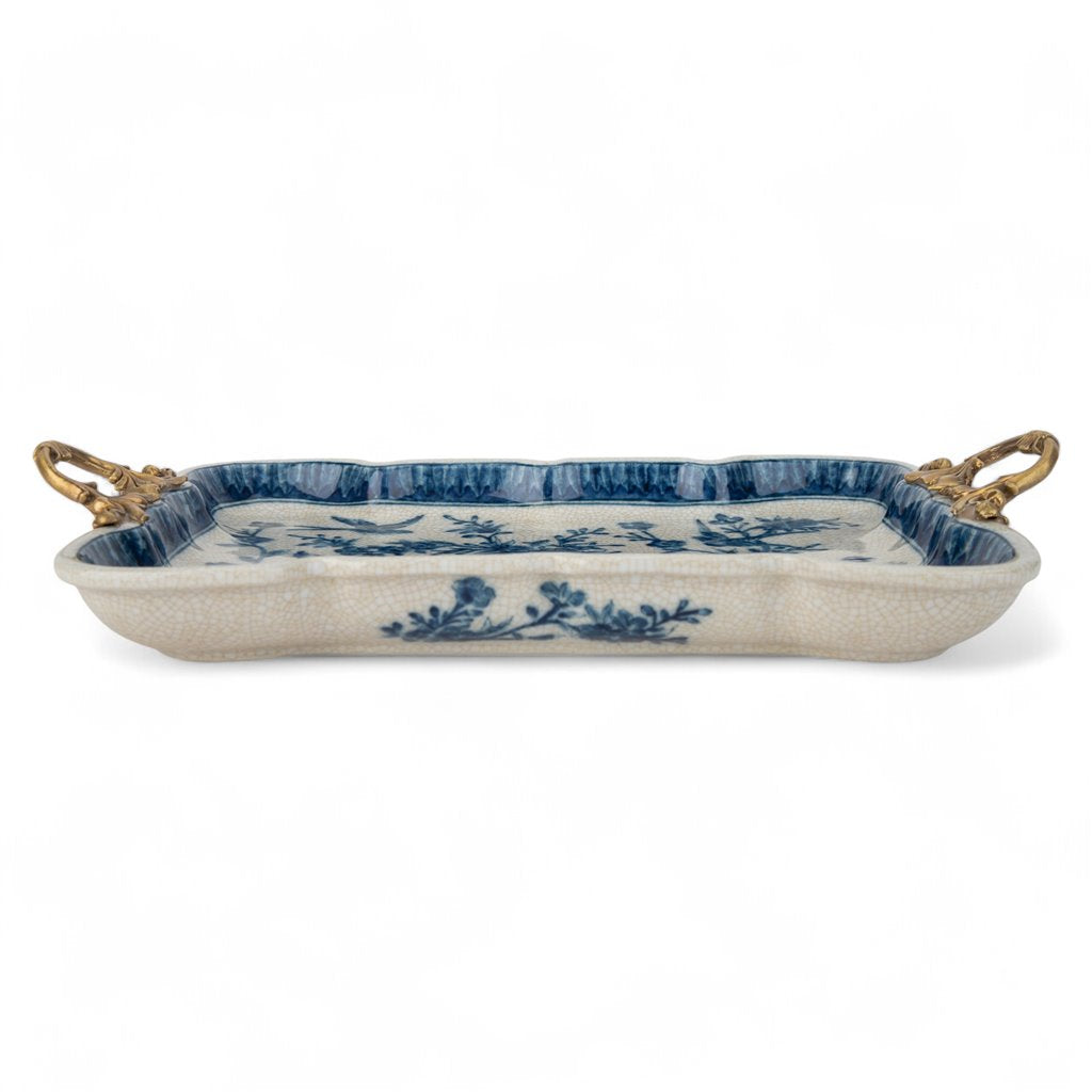 Danny’s Fine Porcelain | Blue & White Songbird Garden Tray with Bronze Handles – 15” x 8.5”