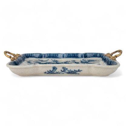 Danny’s Fine Porcelain | Blue & White Songbird Garden Tray with Bronze Handles – 15” x 8.5”