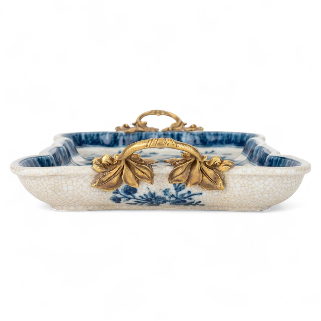 Danny’s Fine Porcelain | Blue & White Songbird Garden Tray with Bronze Handles – 15” x 8.5”