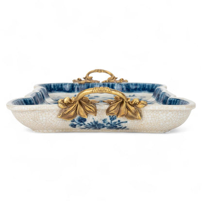 Danny’s Fine Porcelain | Blue & White Songbird Garden Tray with Bronze Handles – 15” x 8.5”