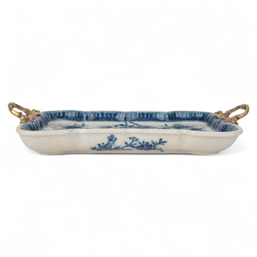 Danny’s Fine Porcelain | Blue & White Songbird Garden Tray with Bronze Handles – 15” x 8.5”