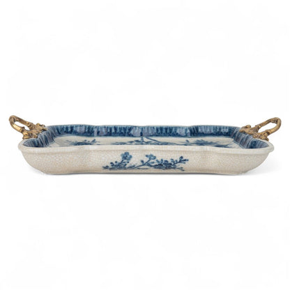 Danny’s Fine Porcelain | Blue & White Songbird Garden Tray with Bronze Handles – 15” x 8.5”