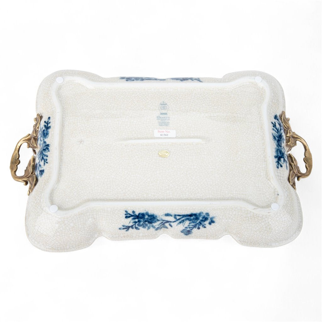 Danny’s Fine Porcelain | Blue & White Songbird Garden Tray with Bronze Handles – 15” x 8.5”