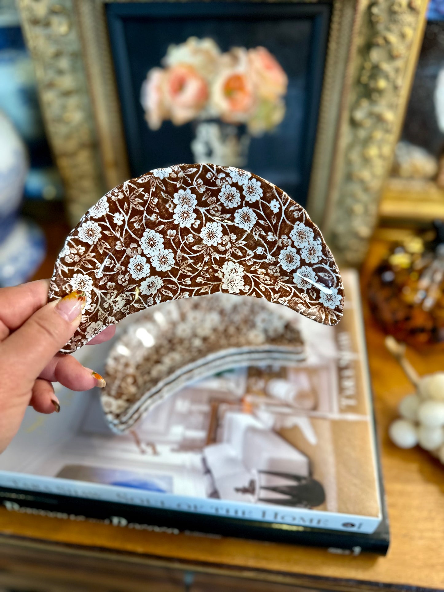 Fabulous Set of 4 Vintage Crownford Staffordshire Brown Calico Bone Dishes, 6.5"