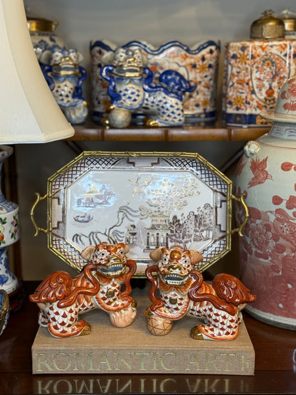 Danny’s Fine Porcelain - Rust & White Spaniel Foo Dog Figure Pair W/ Gold Accent (2 sizes to choose)