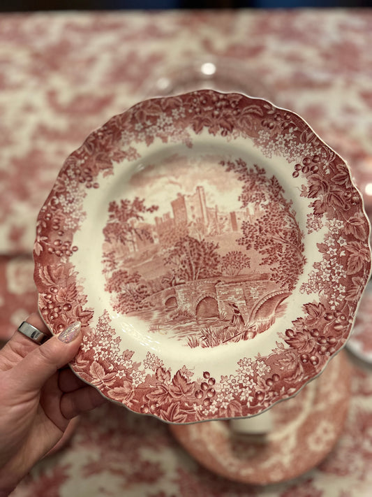 J & G Meakin “Romantic England” Pink / Red Transferware Haddon Hall, Derbyshire Dinner Plate | England, c. 1961–1977