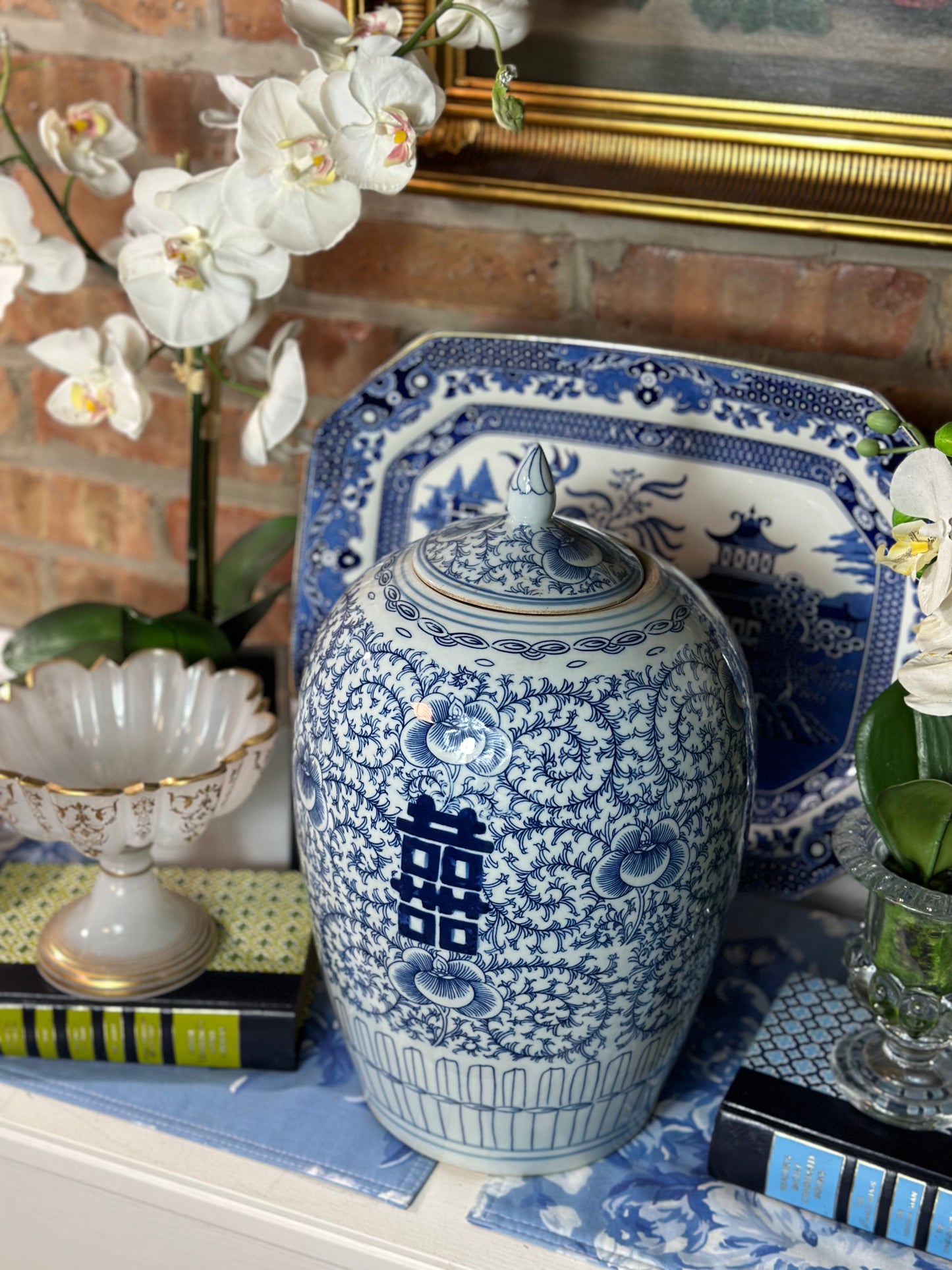 NEW - Blue & White Double Happiness Melon Ginger Jar, 14" Tall