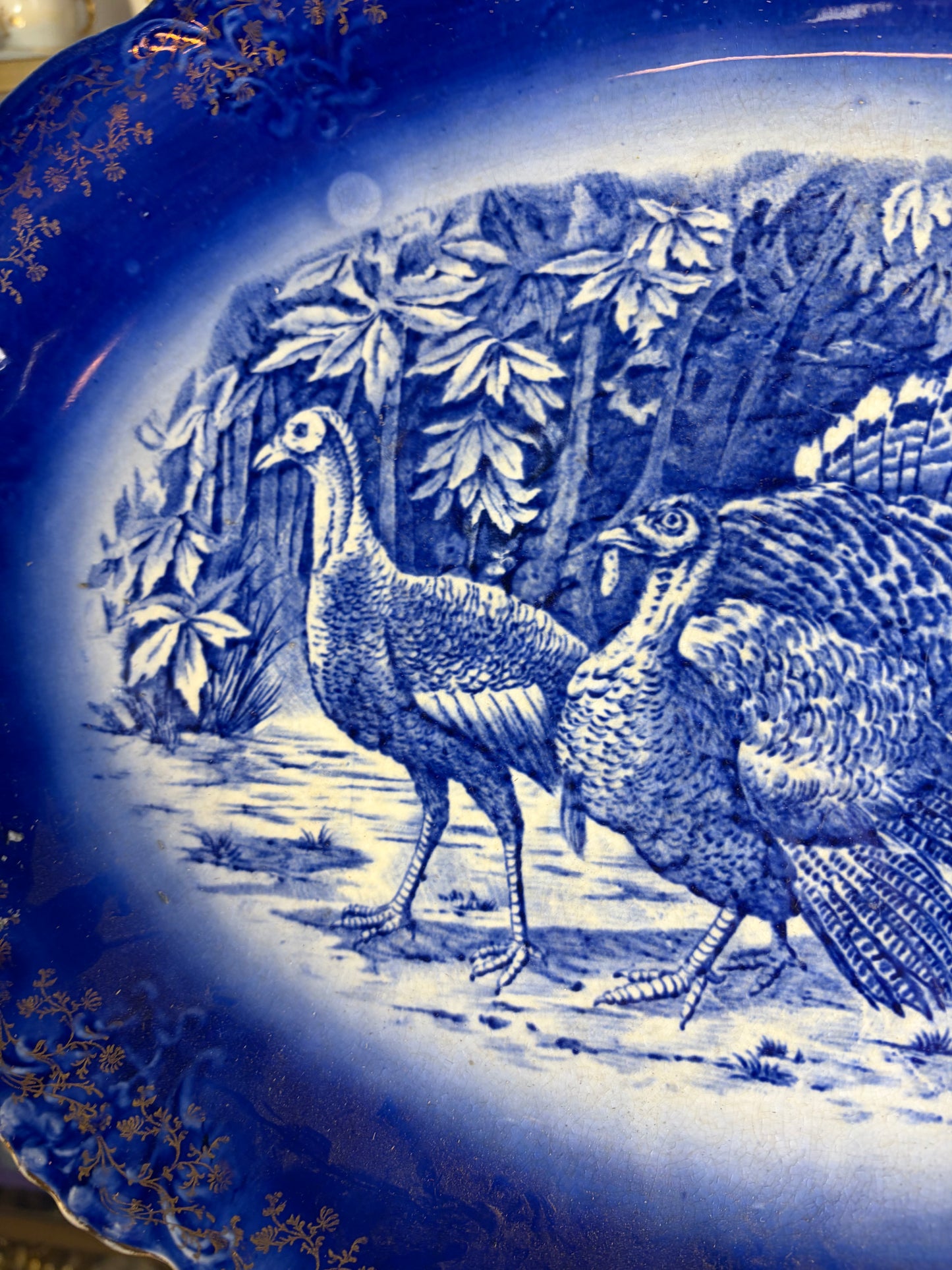 Antique flow blue turkey platter with gold details!