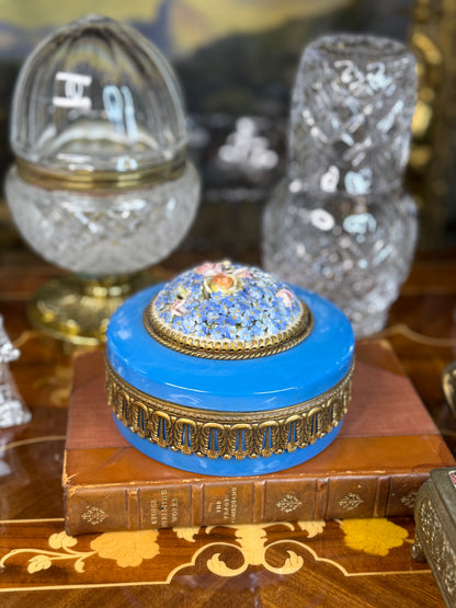 Antique German Porcelain Vanity Box with Gilt Ormolu & Floral Lid | 6”D