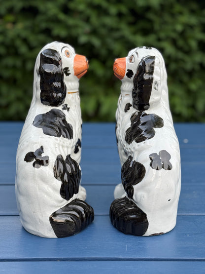 Antique 19th Century Staffordshire Dog Pair | 10" Tall, 5.5" Wide, Black & White with Red Mouths | Style DA4478