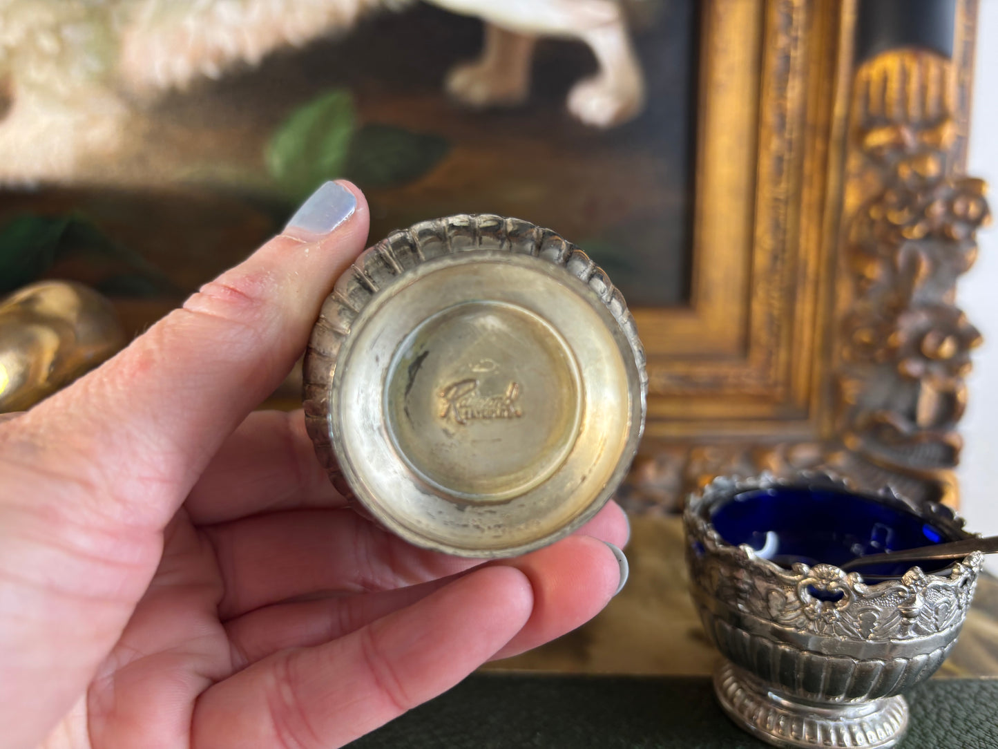 Reserved! Beautiful Raimond silverplate salt cellars or caviar dishes with cobalt bowls and spoons!