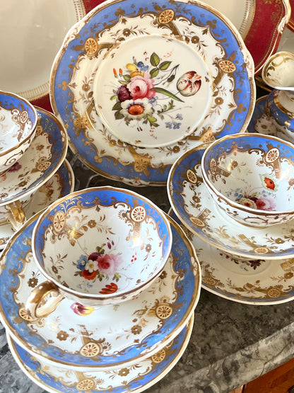Stunning Antique English 21-Piece Porcelain Tea Service | French Blue, Hand-Painted Florals & Gilt - Attributed to Coalport