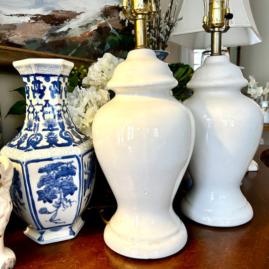 Pair of vintage classic & chic white ginger jar lamps