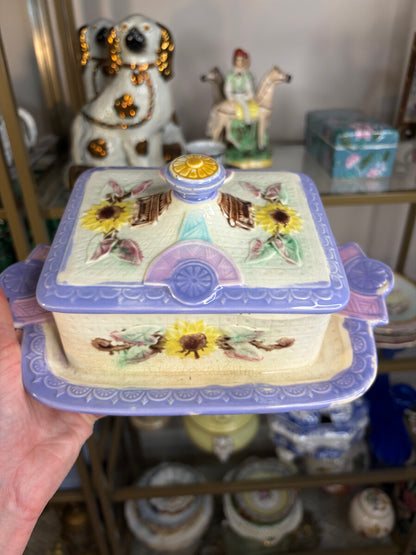 Antique Majolica Samuel Lear sunflower covered dish! As is!