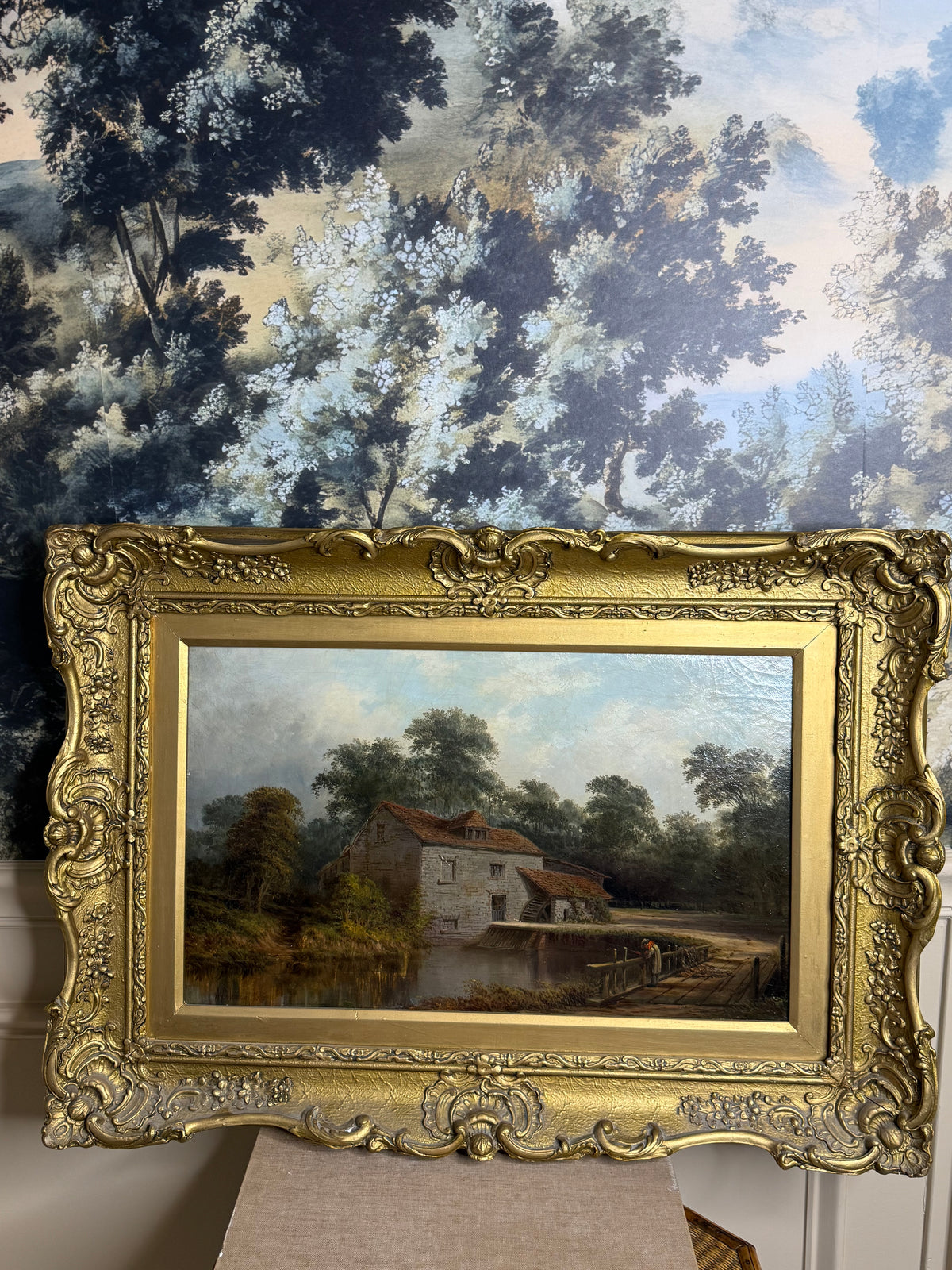 Antique A. Coleman English Landscape Oil Painting “Millpond Fishing” | Signed & Dated 1885 | Giltwood | Framed 19.75”H × 27.5”W
