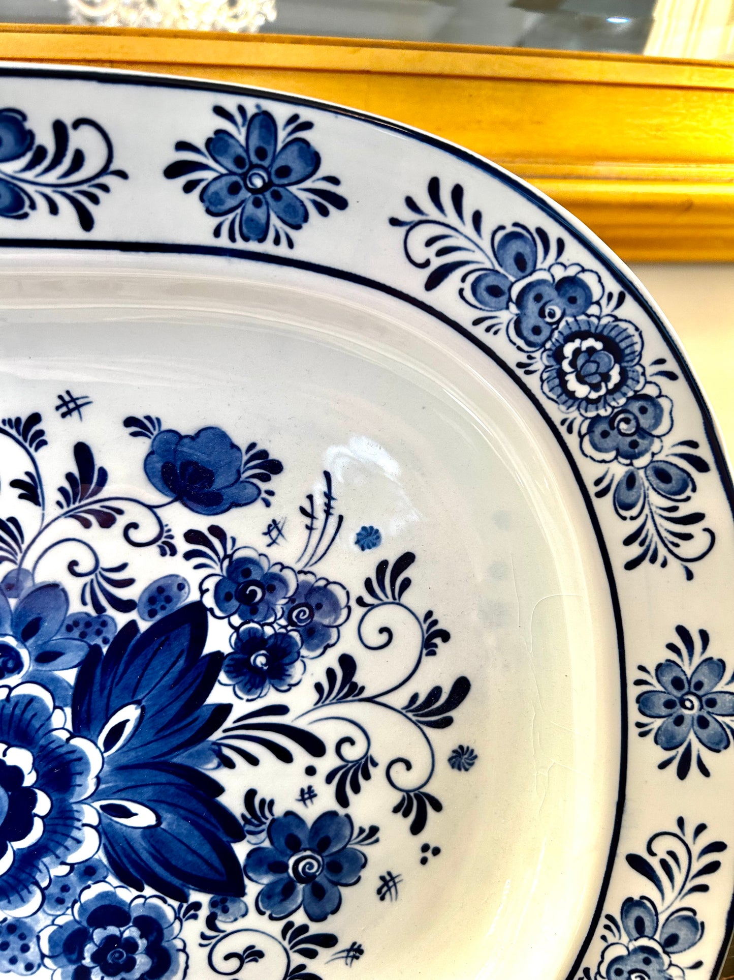 Vintage blue & white chinoiserie extra large botanical platter, 18.5 x 14