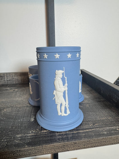 Light blue Wedgewood match holder 4” tall