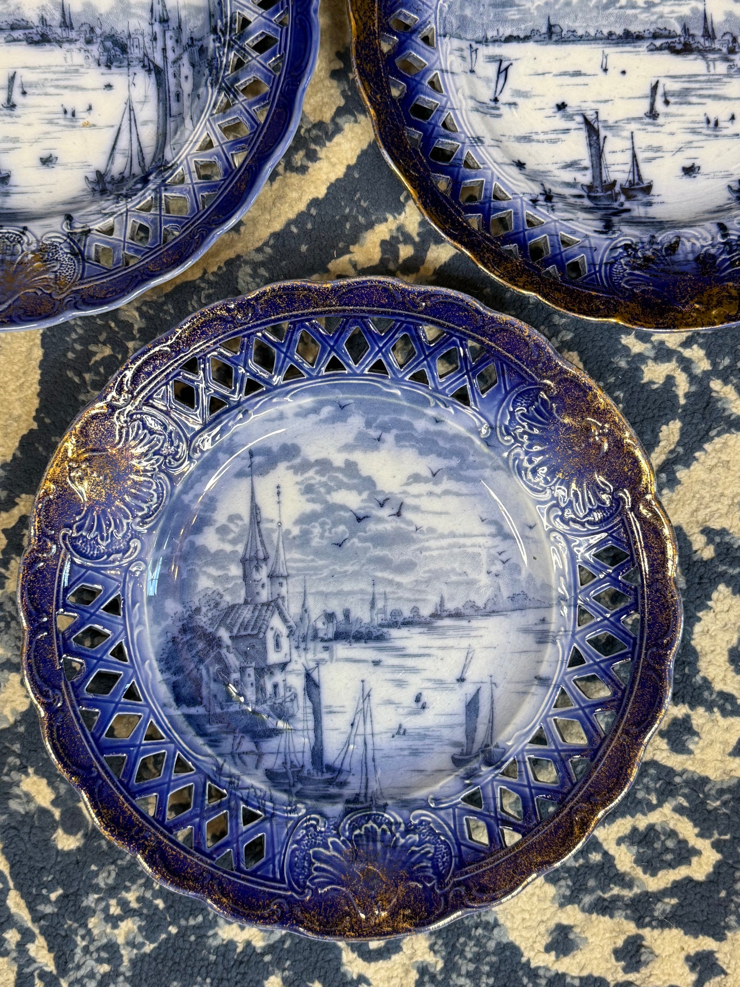 Antique Set of 3 Empire Porcelain Co. Pierced Blue & White City View Plates | Circa 1896–1912 | 9" Diameter #DA4516