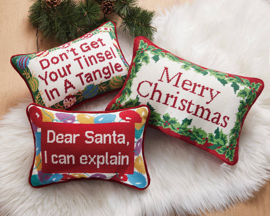 Merry Christmas Embroidered Needlepoint Style Pillow | 10" x 14"