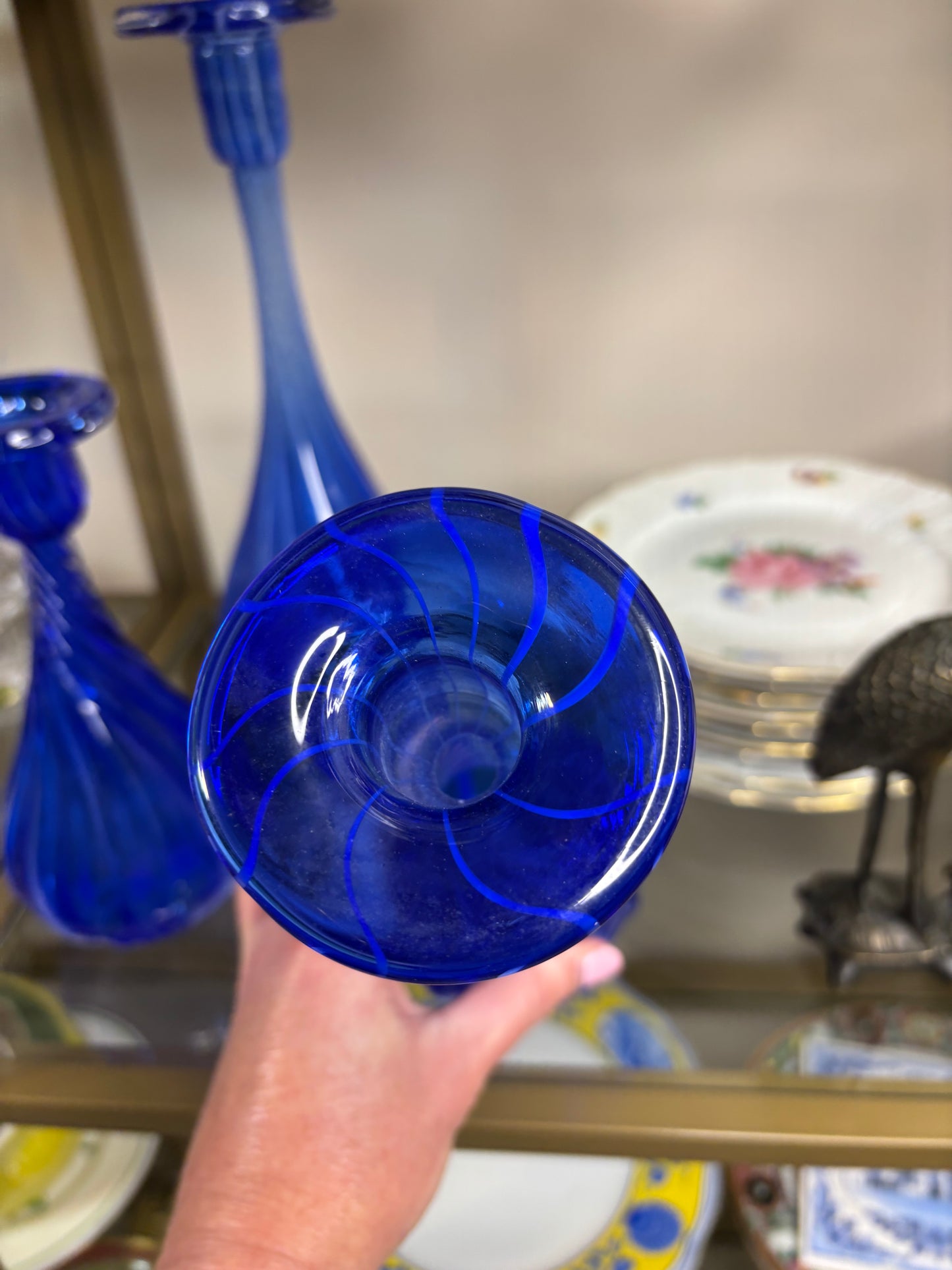 Stunning trio of handblown cobalt candleholders/vases with swirl designs and white!
