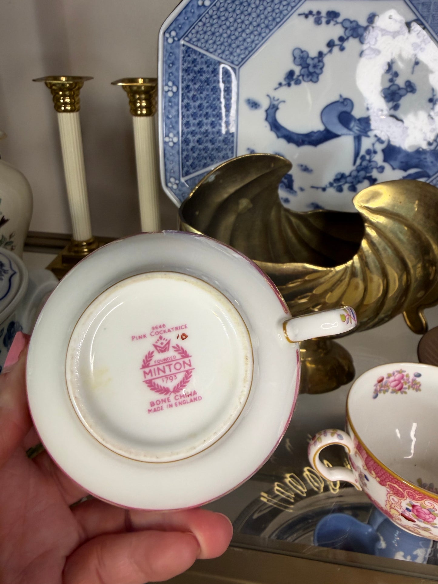 Minton Pink Cockatrice teacups pair!