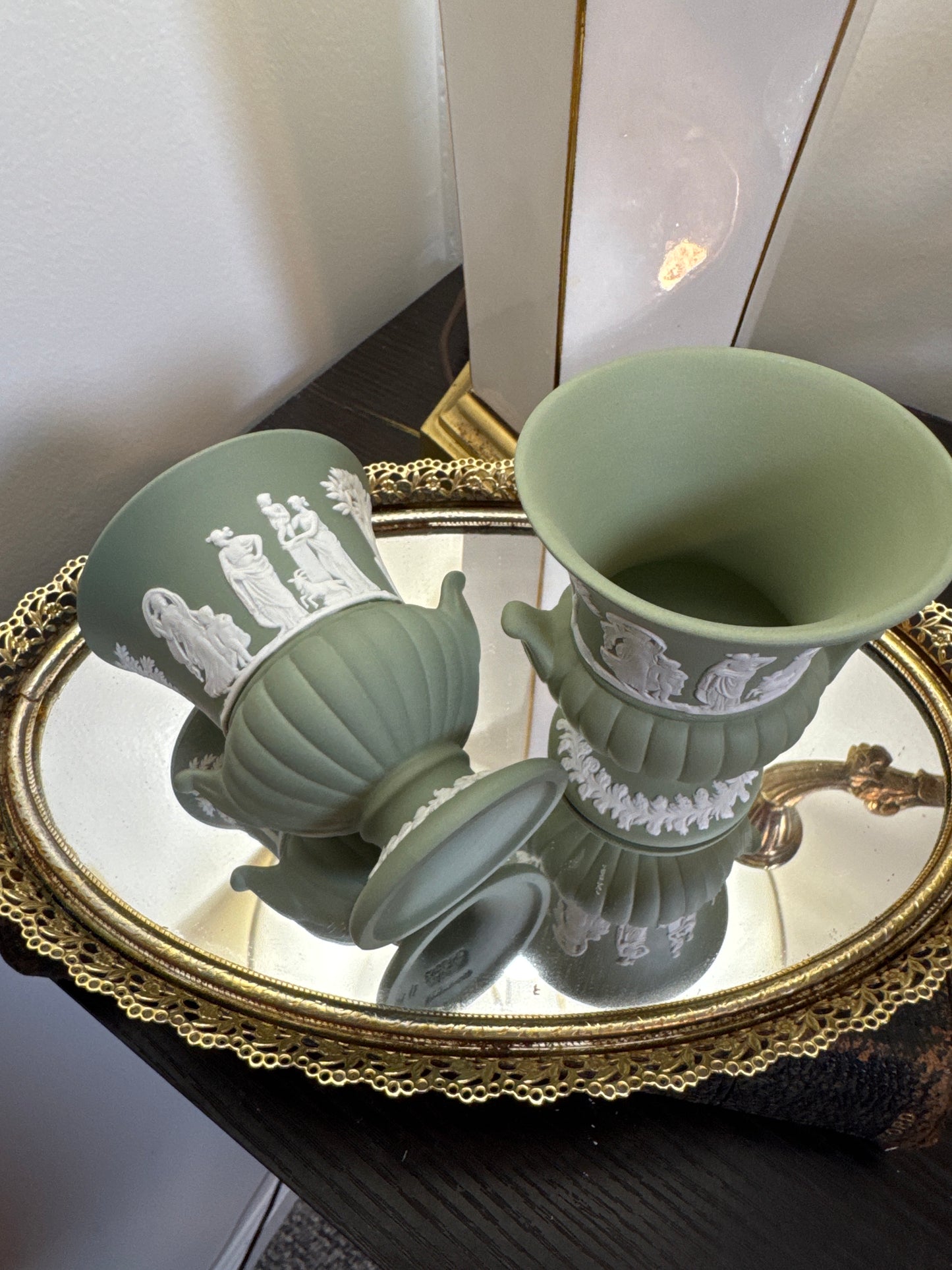 Wedgwood sage green pair of small vases 3.5” tall