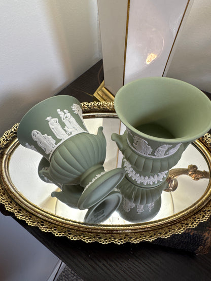 Wedgwood sage green pair of small vases 3.5” tall