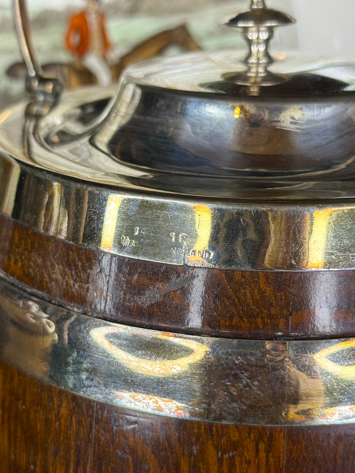 RESERVED - MOLL - Antique English Oak Biscuit Barrel with Silver Plate Mounts, Ceramic Liner & Swing Handle, c.1900, 7” H x 6.25” D