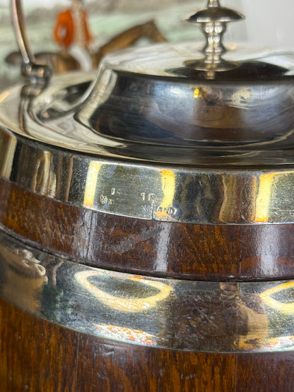 RESERVED - MOLL - Antique English Oak Biscuit Barrel with Silver Plate Mounts, Ceramic Liner & Swing Handle, c.1900, 7” H x 6.25” D