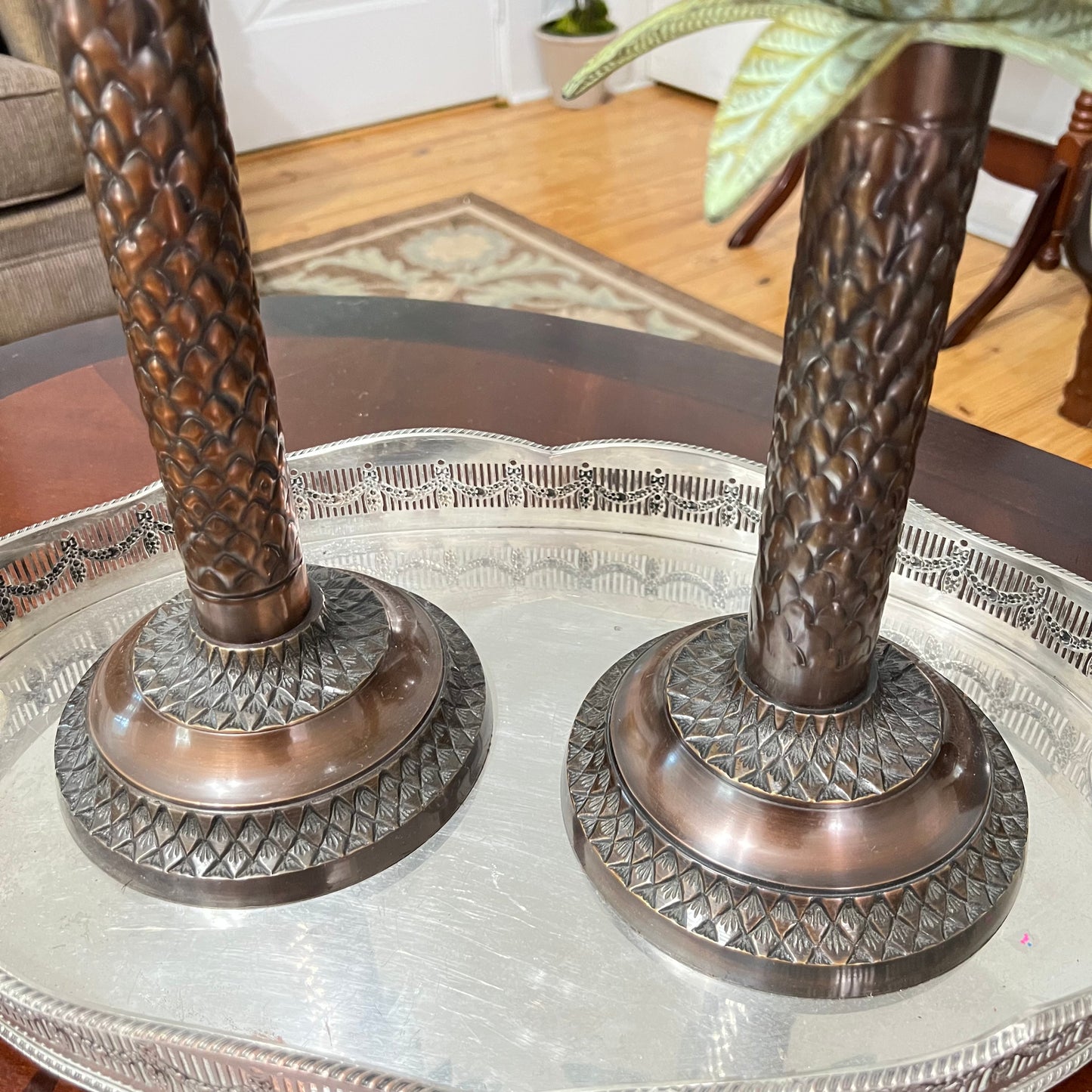 Brass Pineapple Palm Taper Candleholders W/ Etched Glass Hurricane Shade - Pair