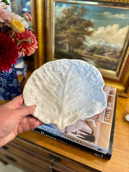 Vintage White Majolica Style Cabbage Leaf Shallow Dish, Made in Portugal, 8"