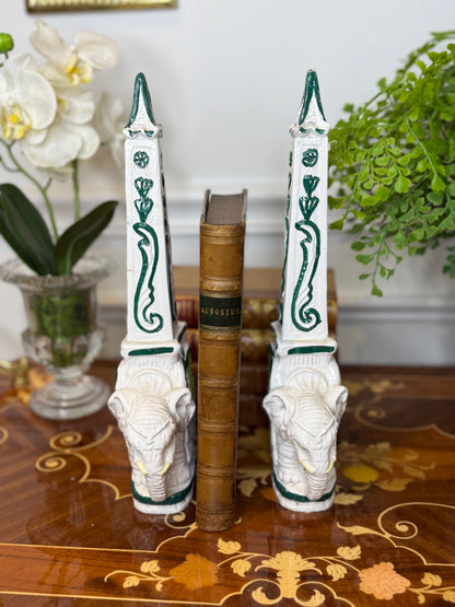 Vintage Italian Pottery Elephant Obelisk Bookends – Pair | 12.5” Tall