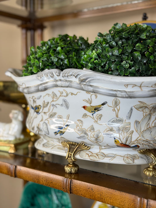 Danny’s Fine Porcelain: Porcelain Floral & Bird Scalloped Basin with Bronze Ormolu | 18” L x 8” W x 7” H