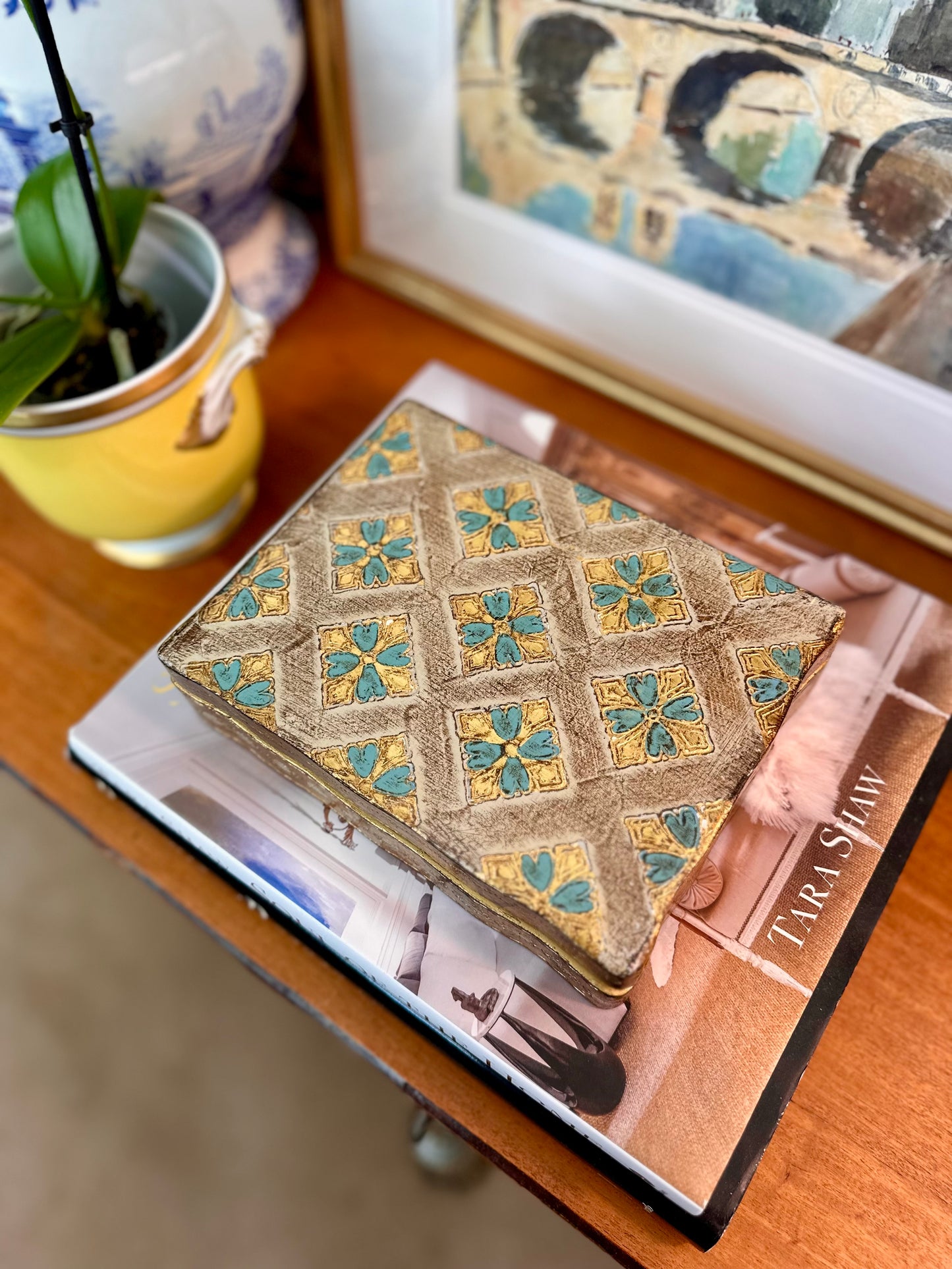 Vintage Florentine Gold Turquoise Hinged Box, Made in Italy, 8”