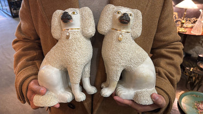 Large 19th Century 10.5” Tall Antique Sanded Staffordshire Poodle Figures, Separated Legs  #DA4387