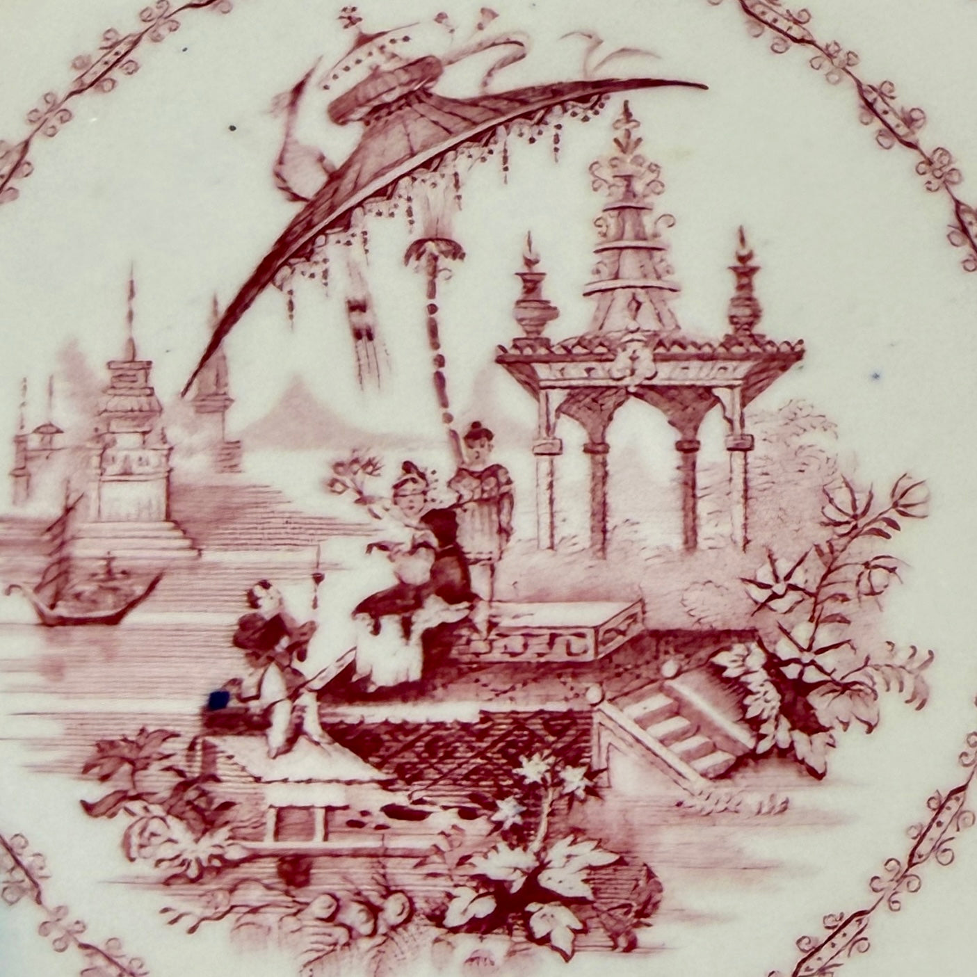 Pair 2 Designer Oriental antique English Chinese Pink Red Pagoda plates 7.25d