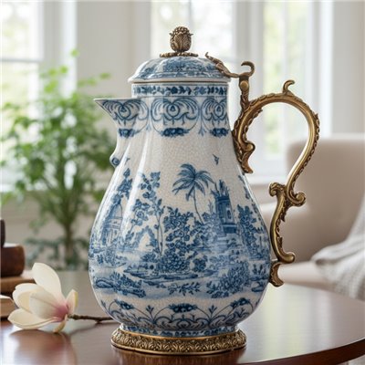 Danny's Fine Porcelain - Blue Scroll Porcelain Hinged Lidded Pitcher with Bronze Ormolu | 9.5"L x 6.5"W x 13.5"H