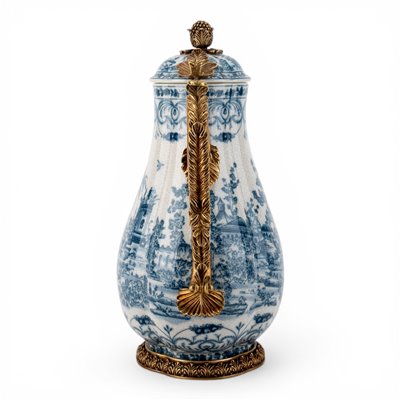 Danny's Fine Porcelain - Blue Scroll Porcelain Hinged Lidded Pitcher with Bronze Ormolu | 9.5"L x 6.5"W x 13.5"H