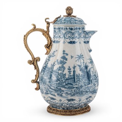 Danny's Fine Porcelain - Blue Scroll Porcelain Hinged Lidded Pitcher with Bronze Ormolu | 9.5"L x 6.5"W x 13.5"H