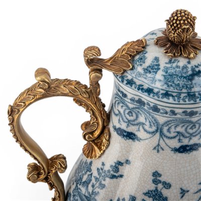 Danny's Fine Porcelain - Blue Scroll Porcelain Hinged Lidded Pitcher with Bronze Ormolu | 9.5"L x 6.5"W x 13.5"H
