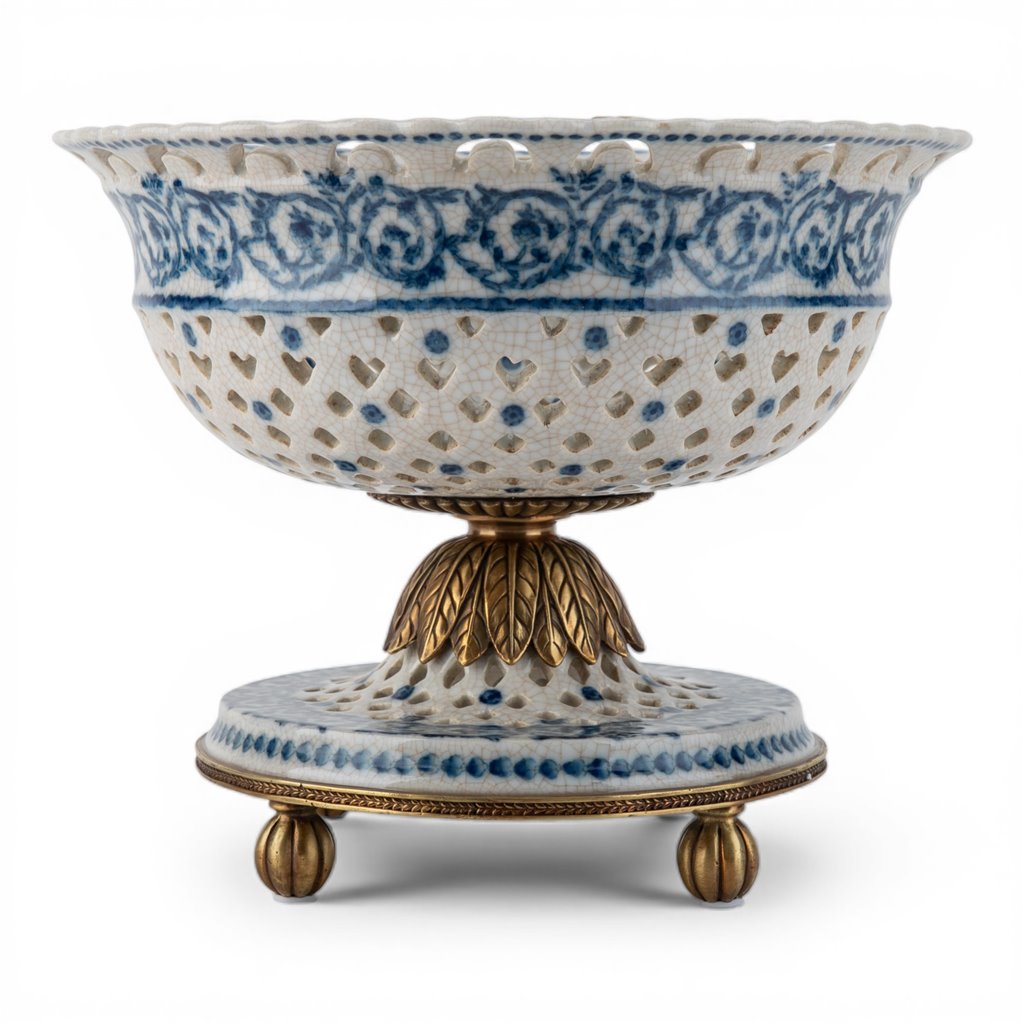Danny's Fine Porcelain - Blue Scroll Porcelain Pierced Pedestal Bowl 11"L x 11"W x 9"H