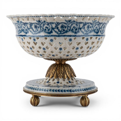Danny's Fine Porcelain - Blue Scroll Porcelain Pierced Pedestal Bowl 11"L x 11"W x 9"H