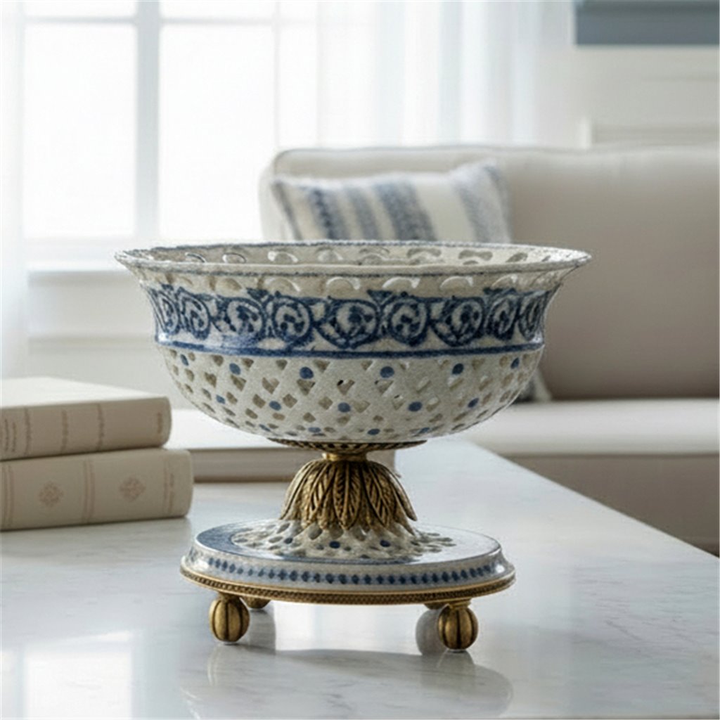 Danny's Fine Porcelain - Blue Scroll Porcelain Pierced Pedestal Bowl 11"L x 11"W x 9"H