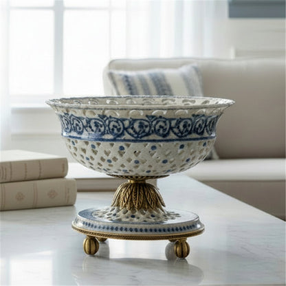 Danny's Fine Porcelain - Blue Scroll Porcelain Pierced Pedestal Bowl 11"L x 11"W x 9"H