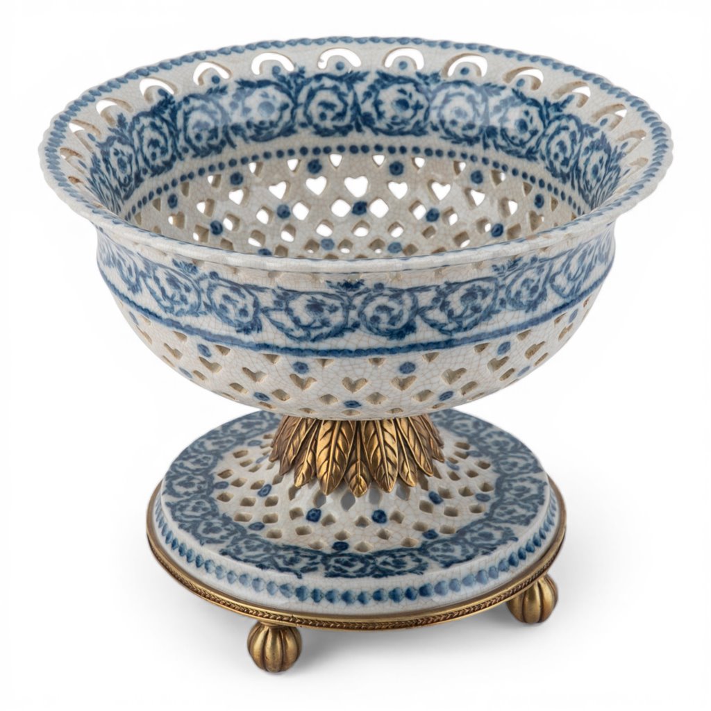 Danny's Fine Porcelain - Blue Scroll Porcelain Pierced Pedestal Bowl 11"L x 11"W x 9"H